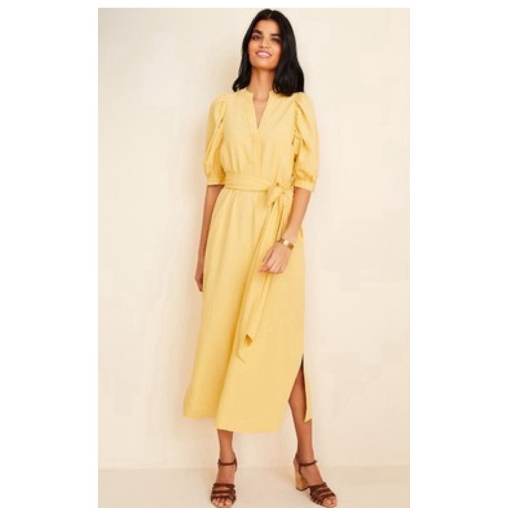 Ann Taylor classic Butter Yellow Dress V-Neck Puff Sleeve Tie Belted Sz small